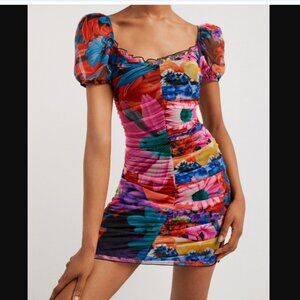 Desigual Floral Ruched Bodycon Mini Dress Puff Sleeves Square Neck M